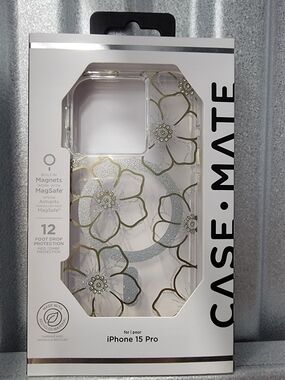 Case-Mate Clear Floral Gems iPhone 15 Pro Case with Gold Accents